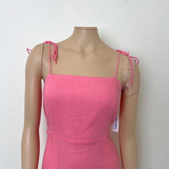 [Old Navy] Pink Linen Blend Square Neck Mini Dress Smocked Tie Straps Sz Large L - Picture 4 of 12